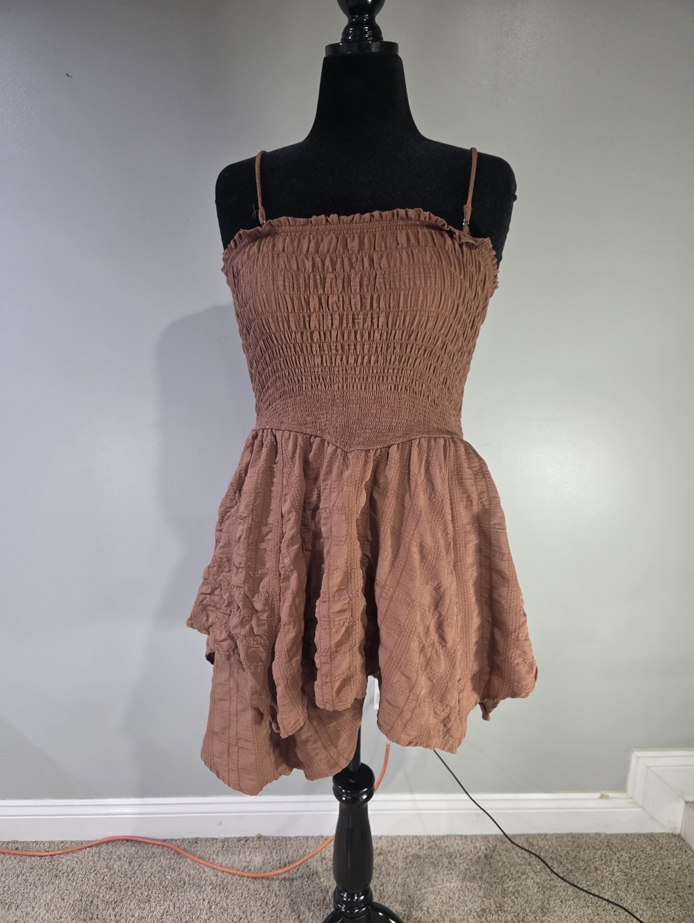 Wild Fable Boho Cottagecore Brown Stretchy Smocked Mini Dress Hankercief Hem. L